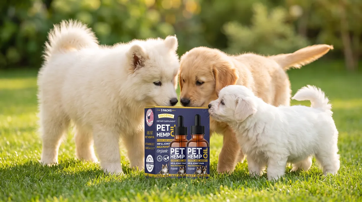 Puppies with a box of PROZIMA Hemp Oil